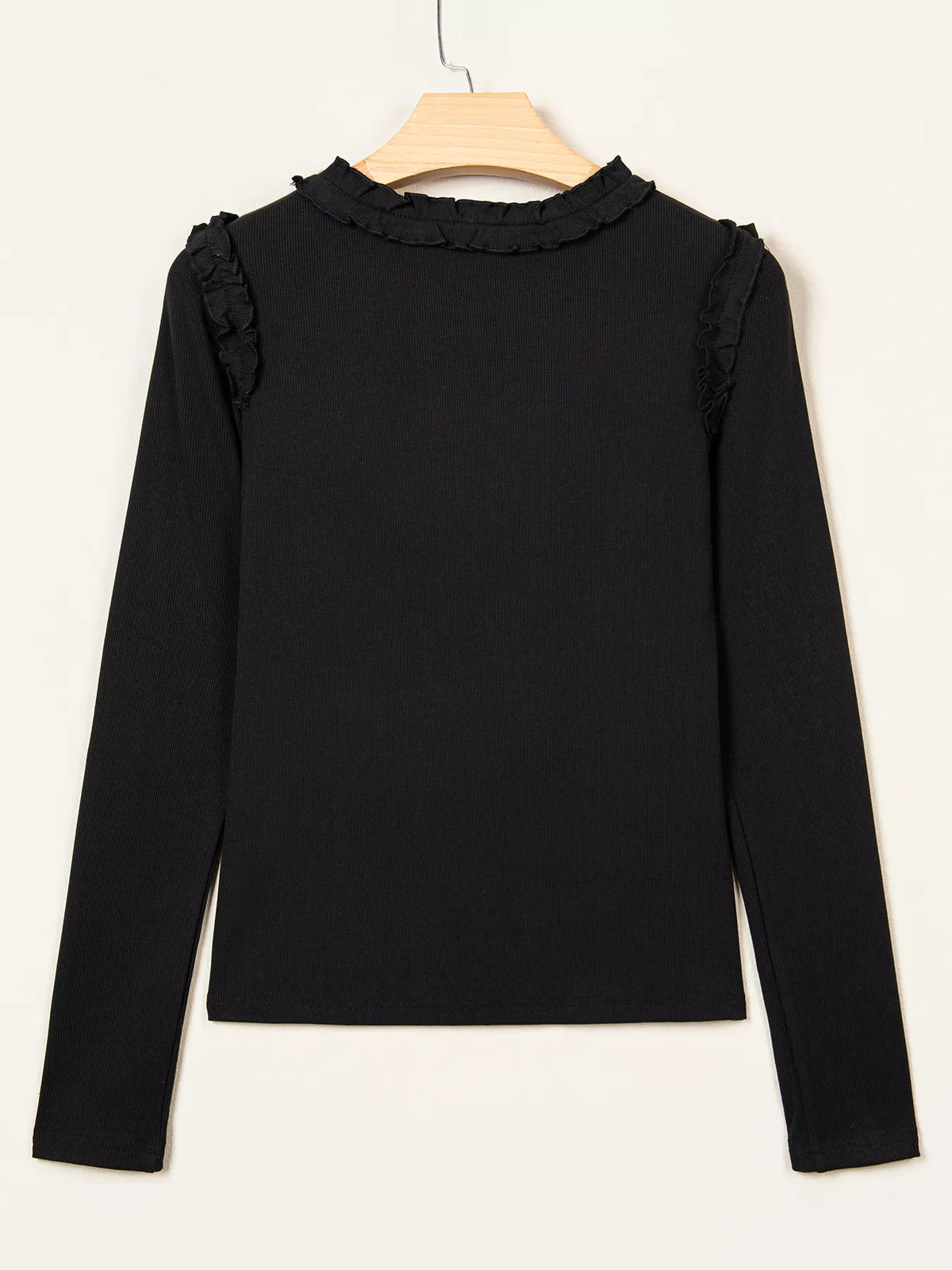 Black round neck frill detail long sleeve top — back view