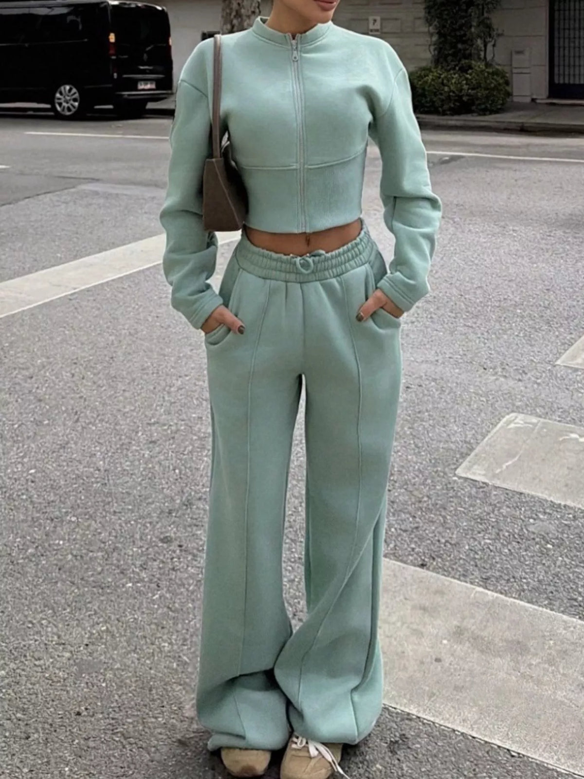 Trendsi Zip-Up Crop Jacket and Wide-Leg Pants Set -