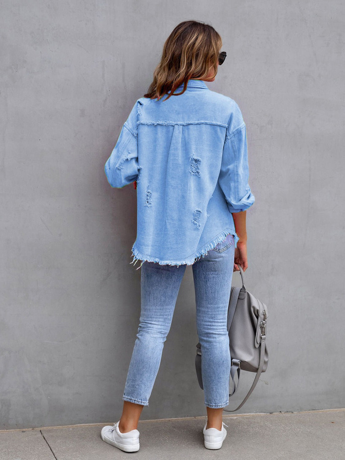 Trendsi Distressed Drop Shoulder Denim Jacket -