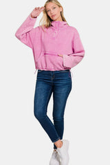 Trendsi Zenana Acid Wash Fleece Half Snap Sweatshirt with Pocket -
