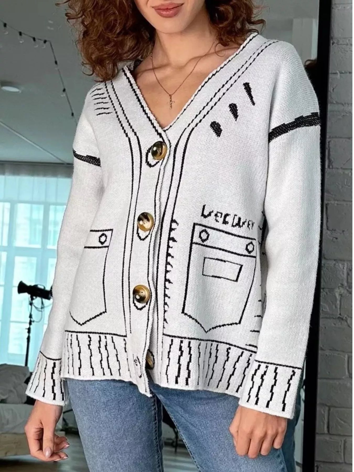 Trendsi Contrast Graphic V-Neck Button-Down Cardigan -