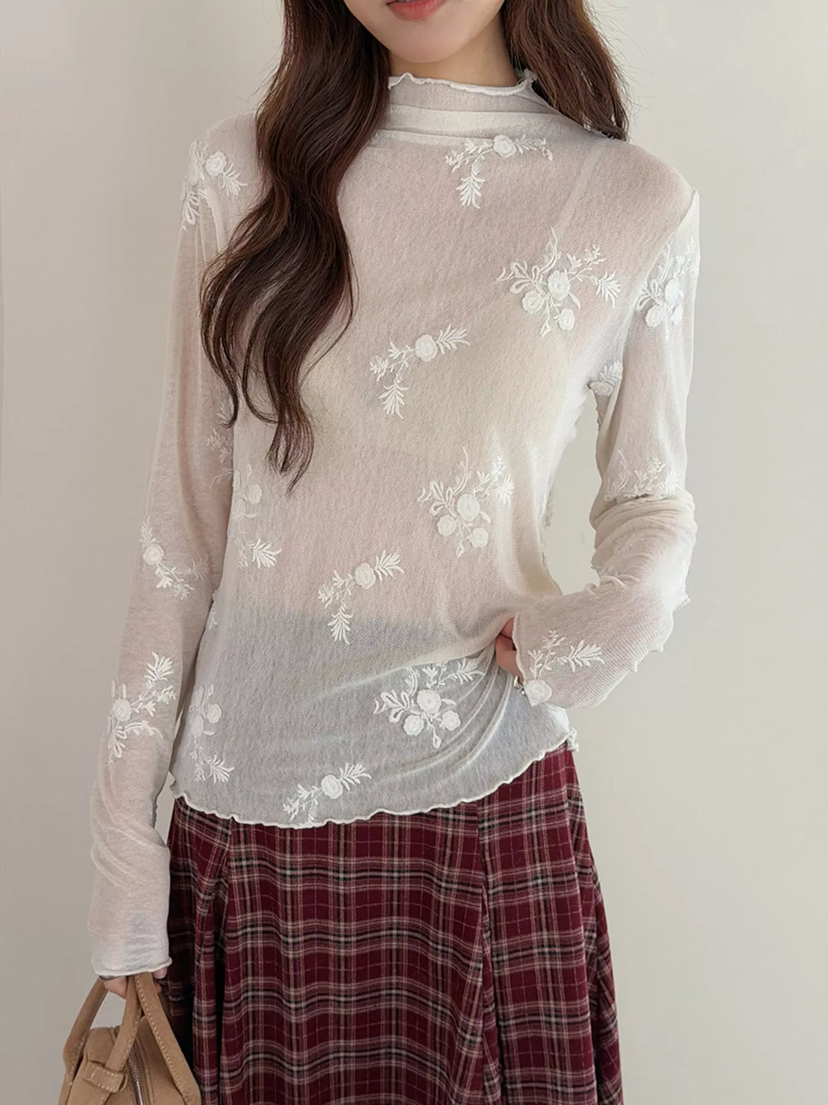 Sheer Floral Embroidered Mock Neck Blouse — front view