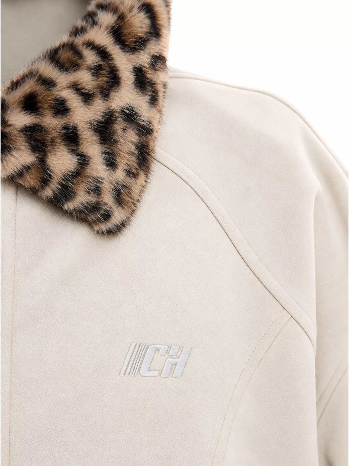 Cream faux fur collar zip up jacket, detail view
