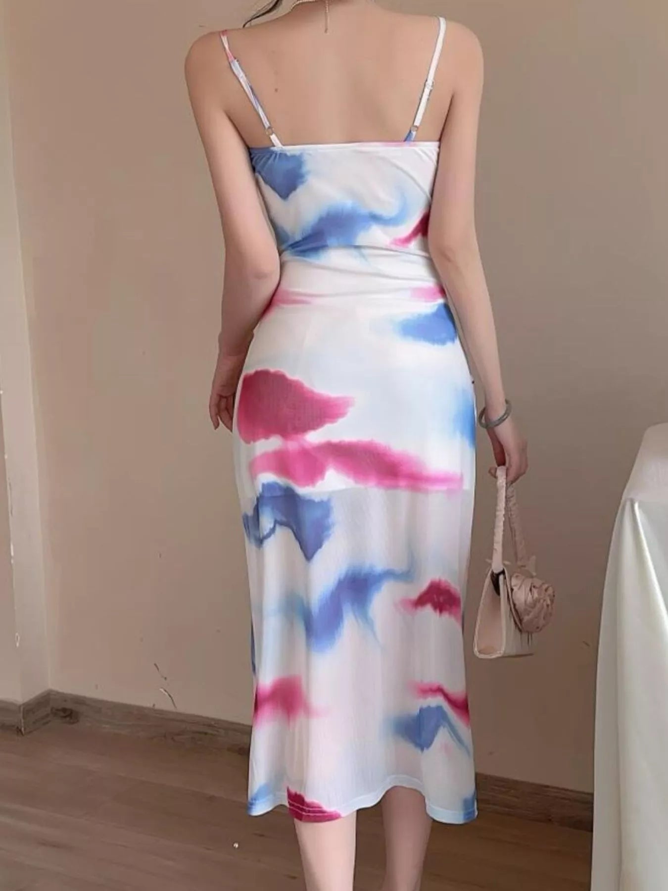 Trendsi Abstract Watercolor Print Ruched Midi Dress -