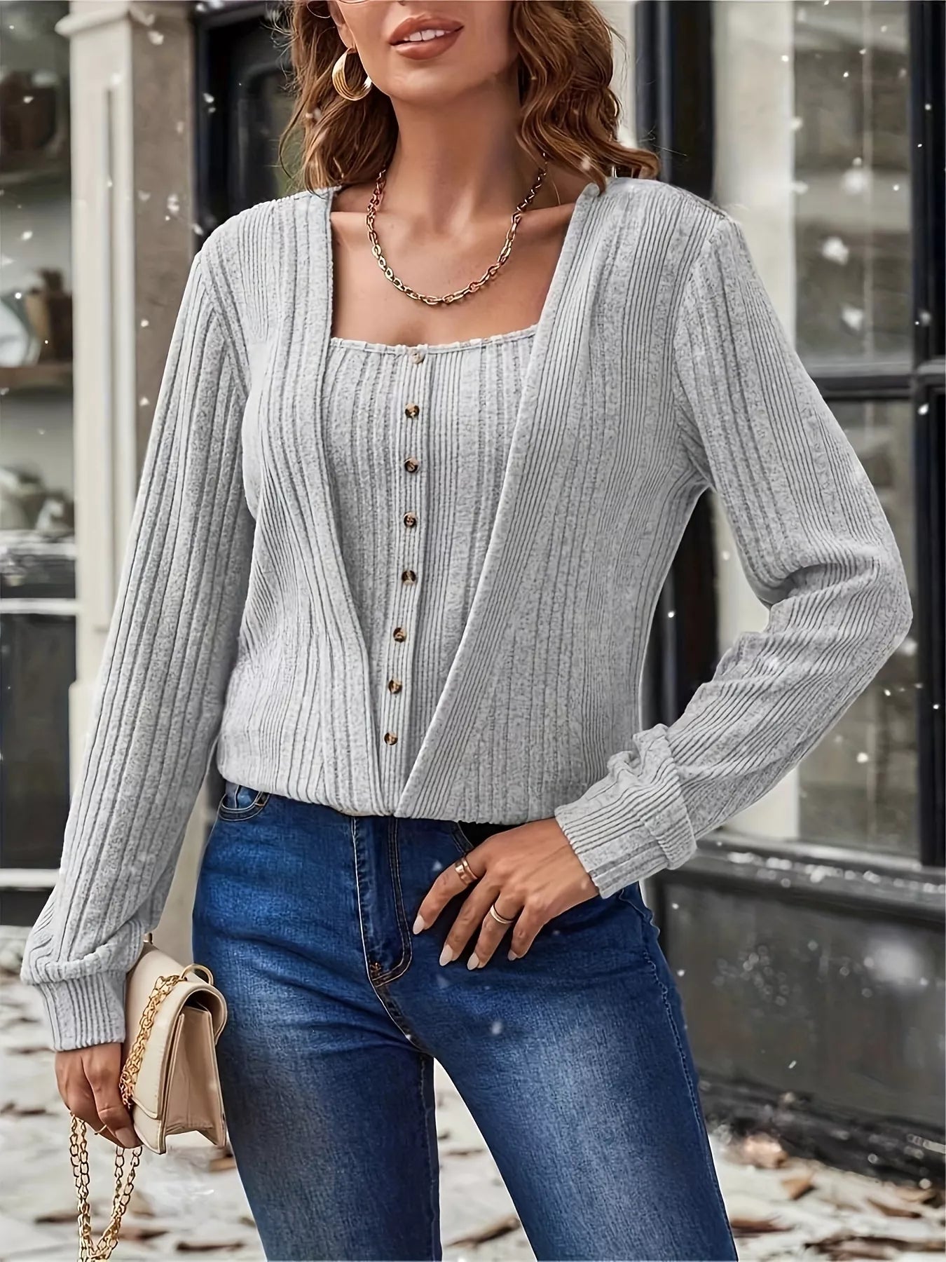 Trendsi Ribbed Knit Faux Layered T-Shirt -