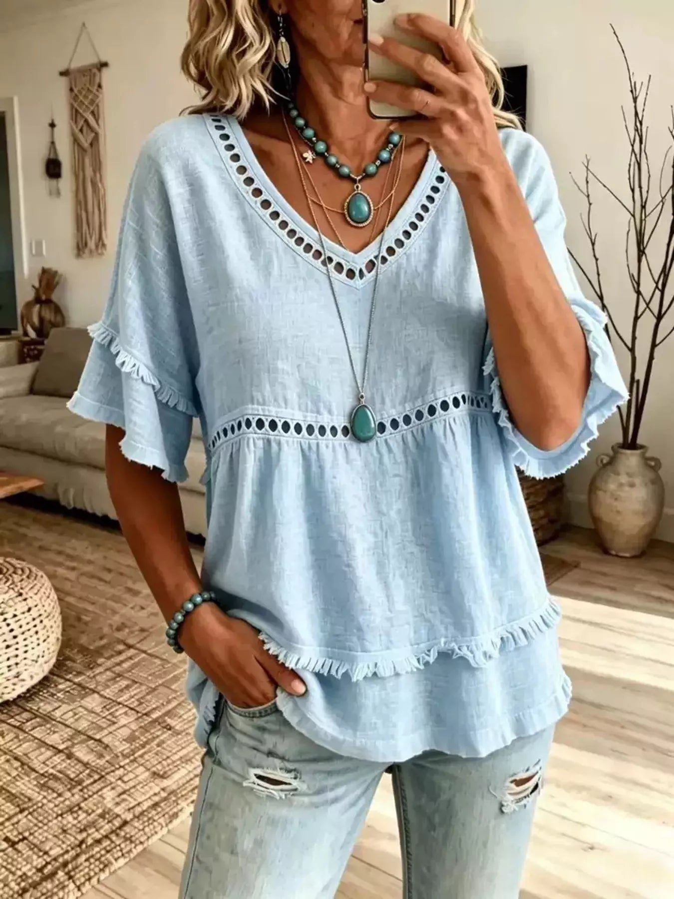Trendsi Eyelet V-Neck Frayed Edge T-Shirt -