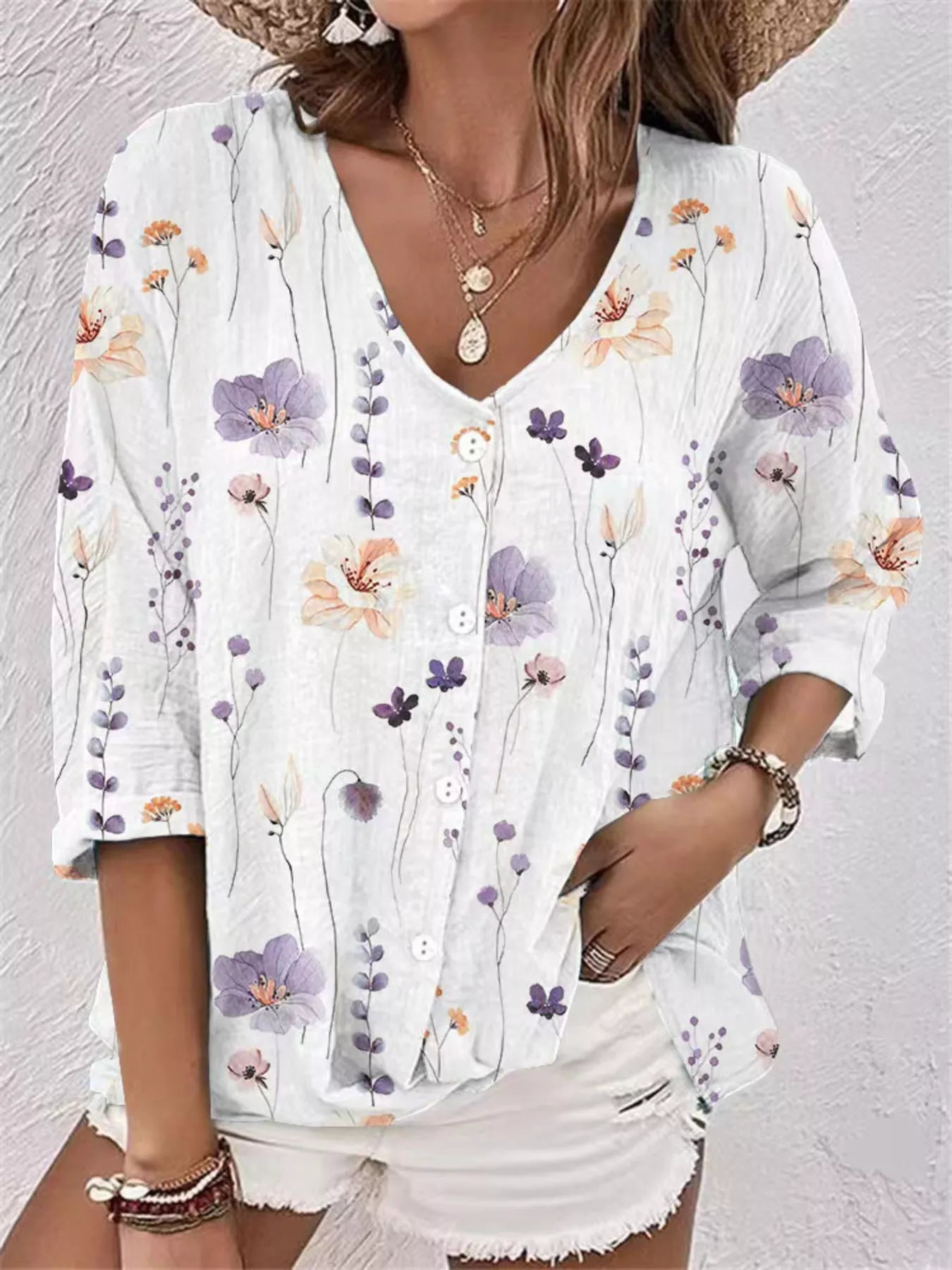 Trendsi Floral Print V-Neck Button-Down Shirt -