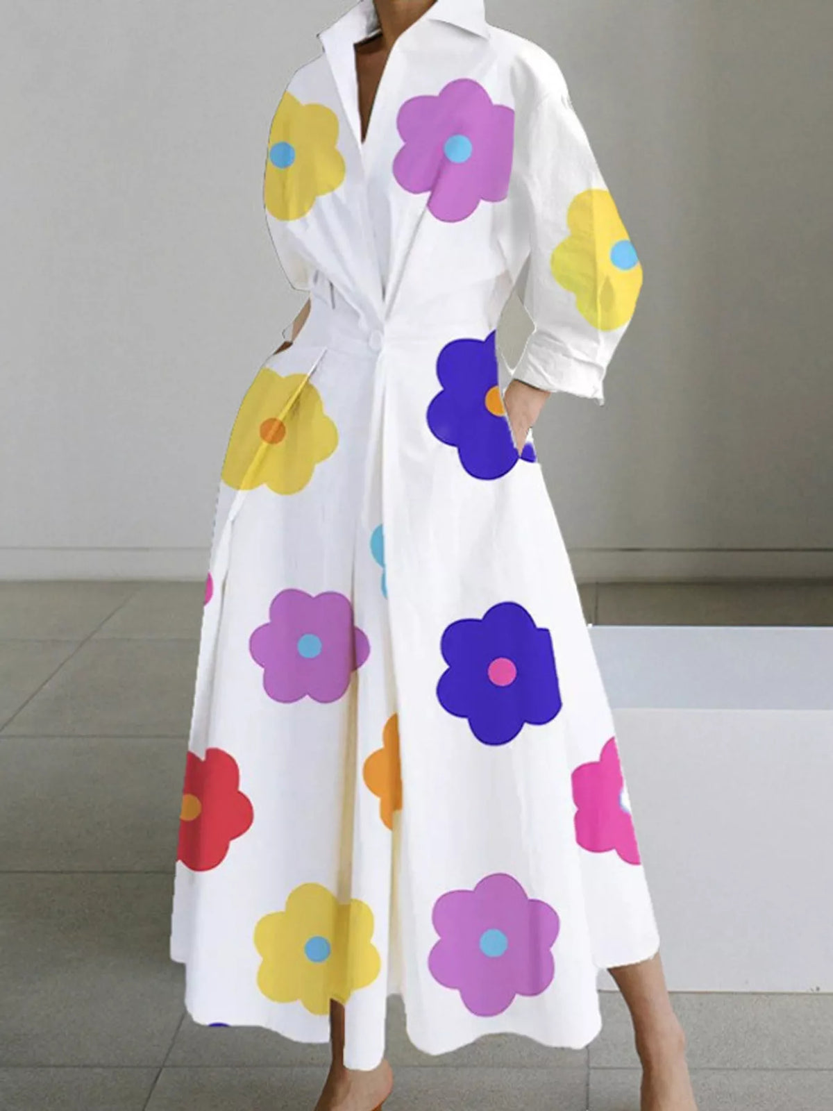 Collared Three-Quarter Sleeve Midi Shirt Dress — front view