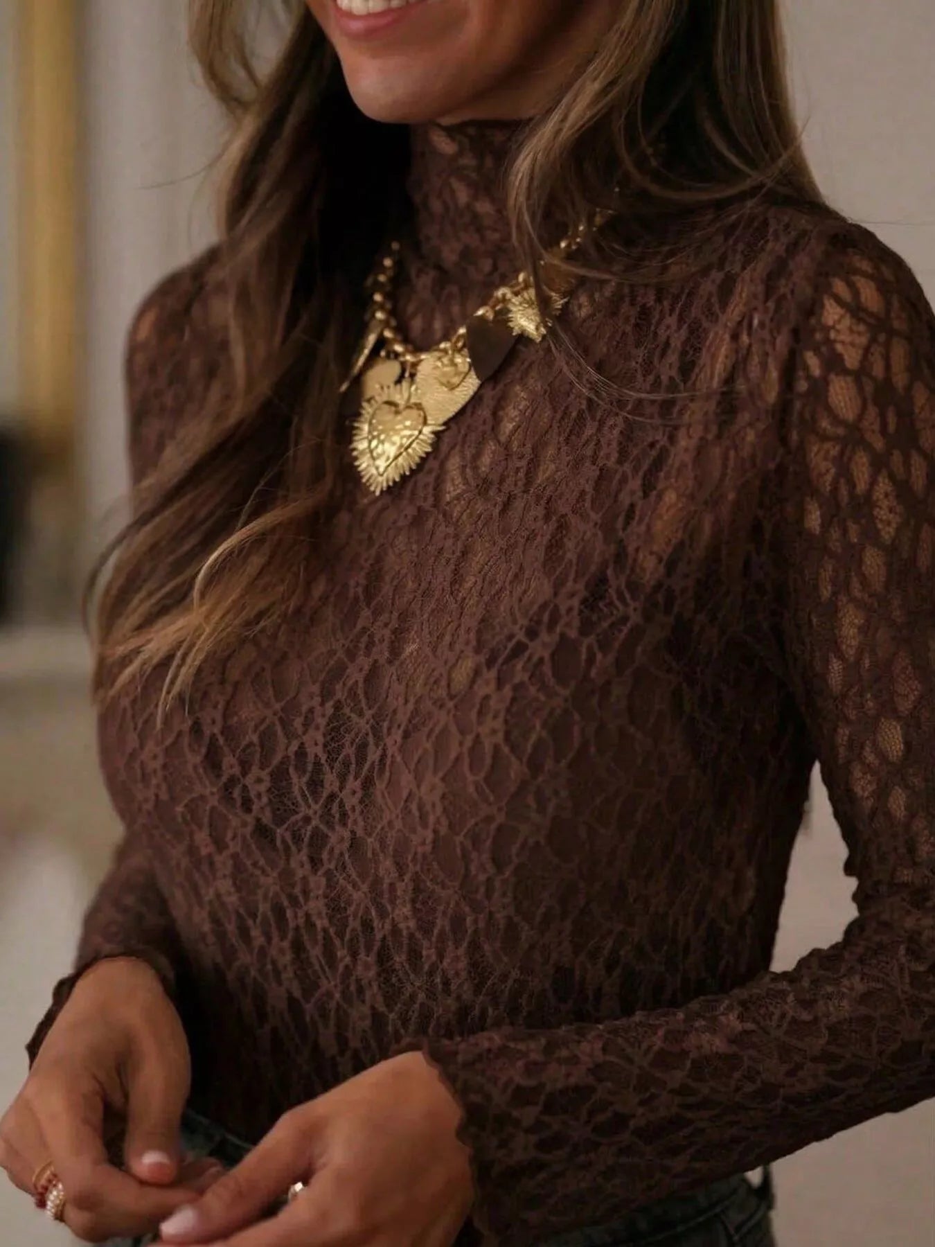Trendsi Mock Neck Sheer Lace Long Sleeve Top -