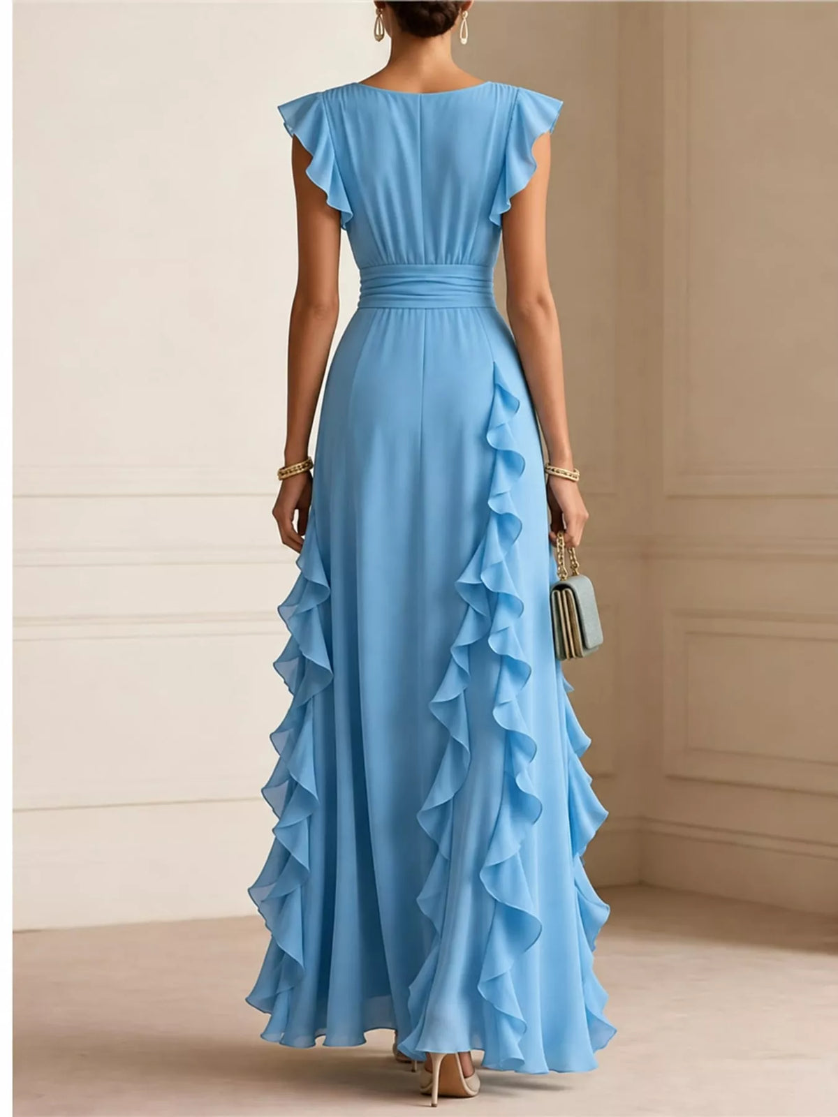 Blue ruffled surplice maxi dress, back view