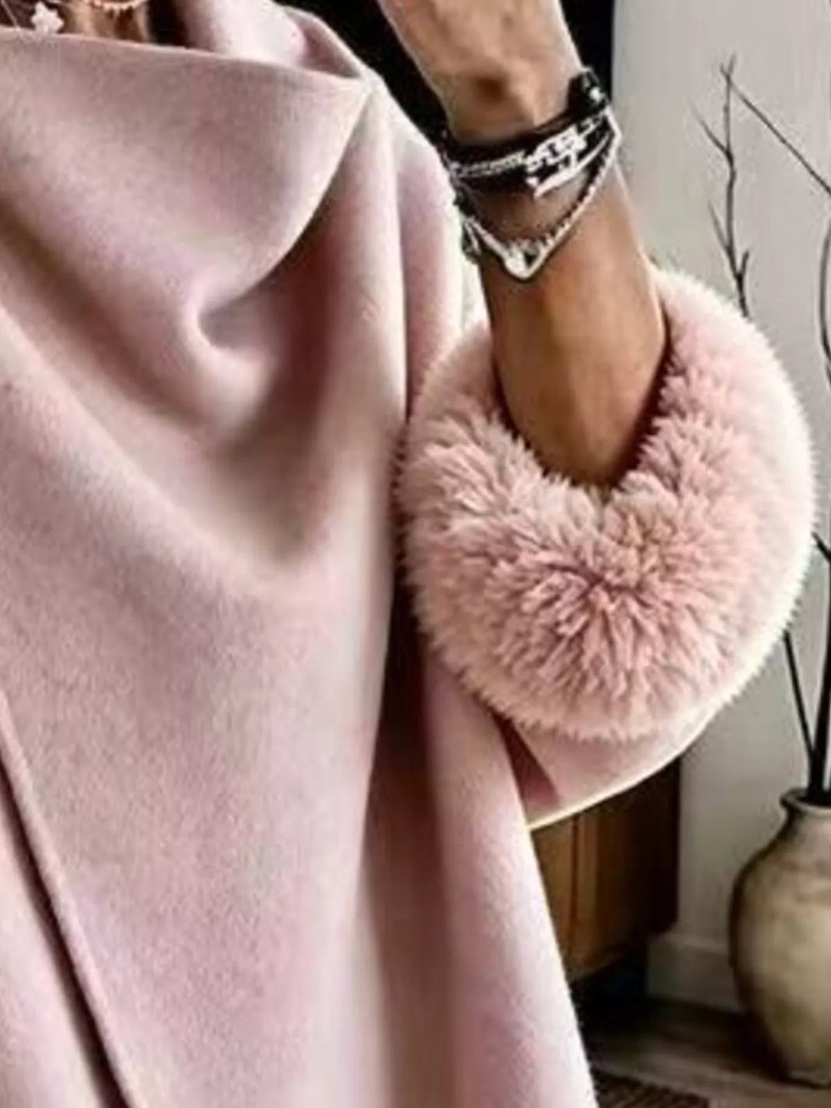 Asymmetric Buttoned Jacket with Faux Fur Cuffs, cuff detail