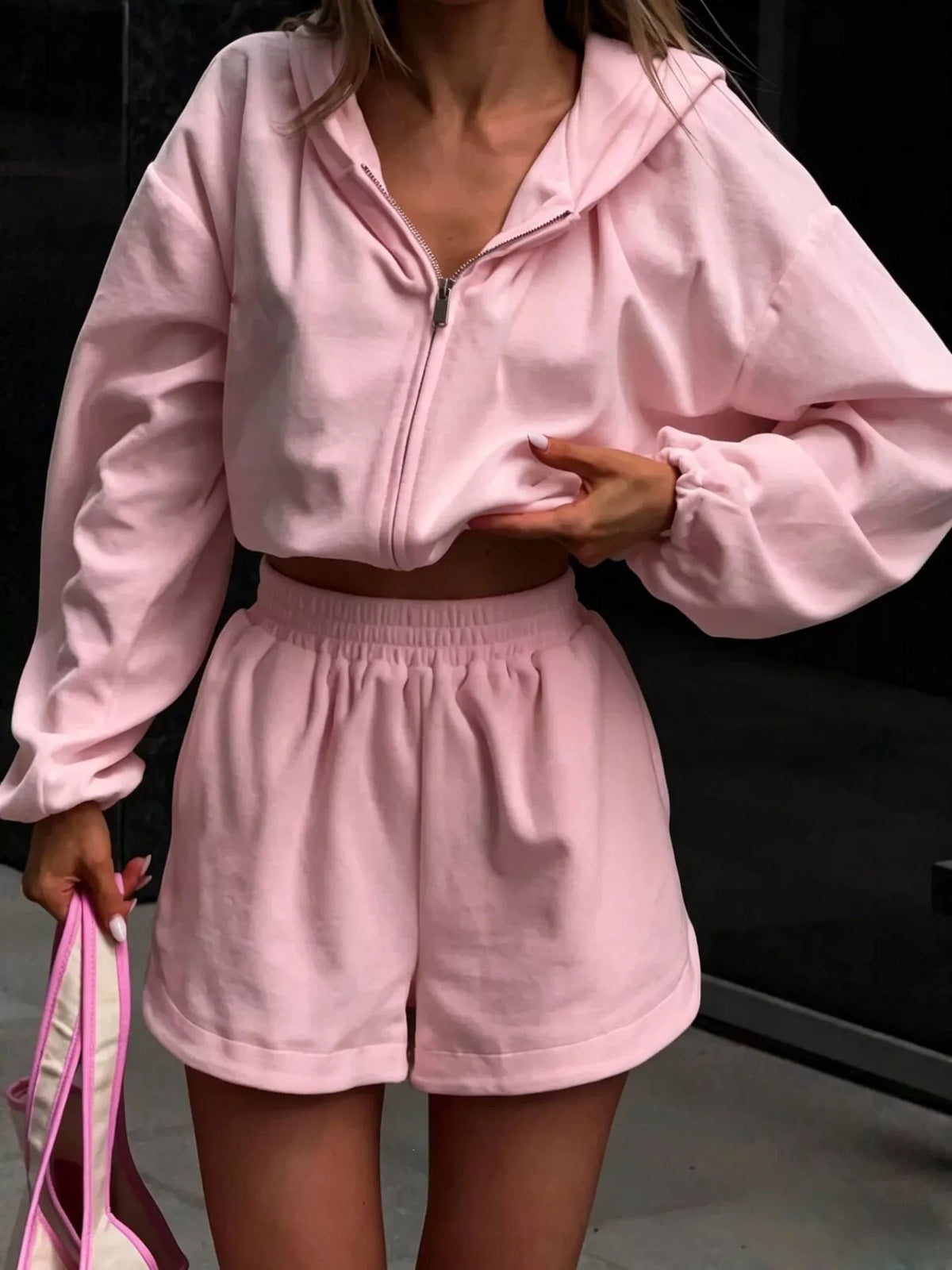 Trendsi Zip Up Crop Hoodie and Shorts Set -