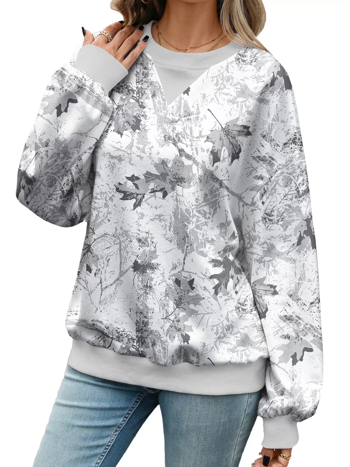 Trendsi Leaf Print Sweatshirt with Contrasting Trim -