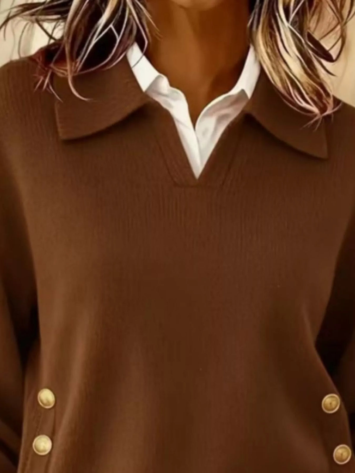 Women's Decorative Button Dropped Shoulder Sweater in Dark Brown, alternate view
