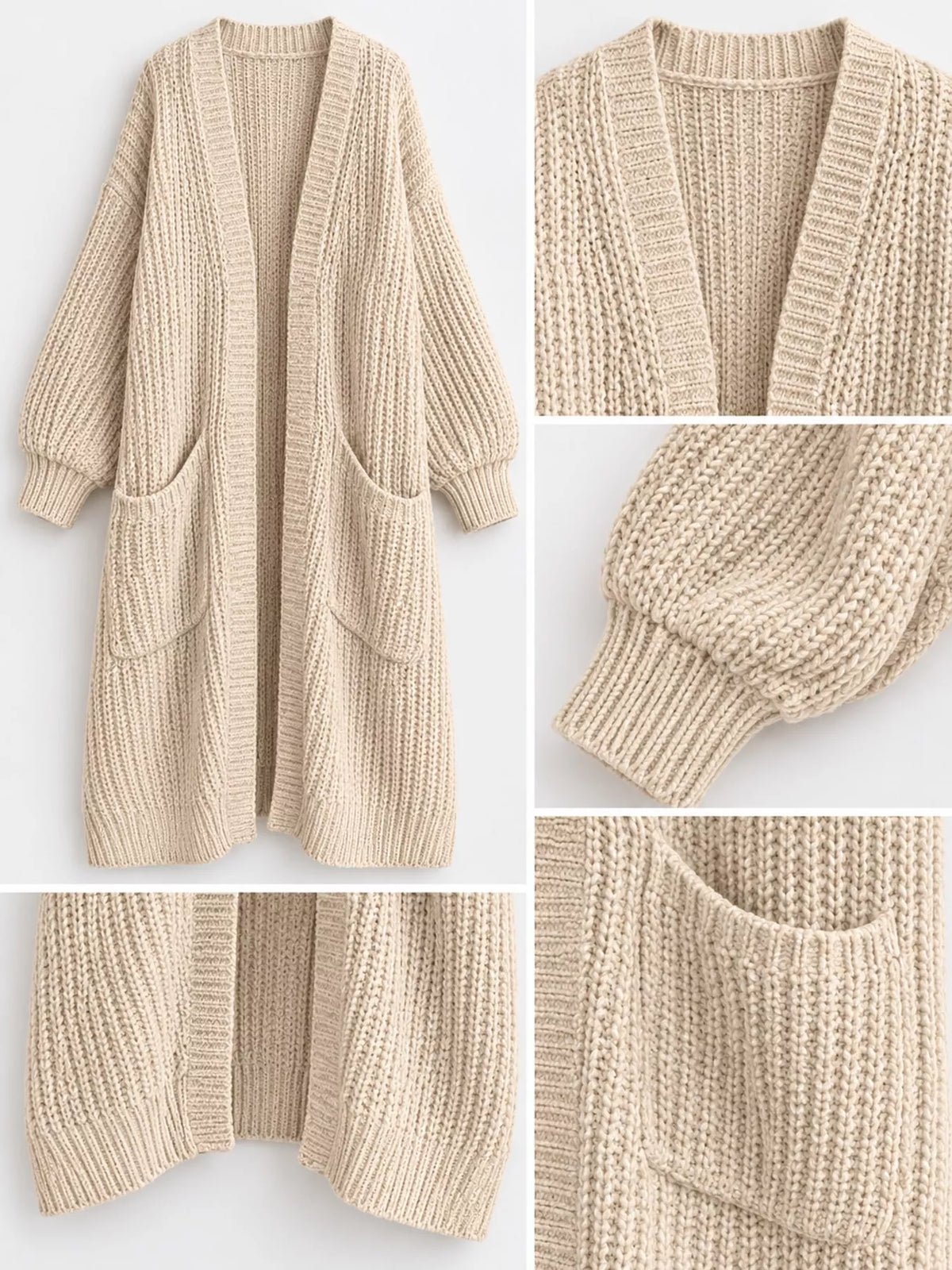 Longline knit cardigan, cream detail collage