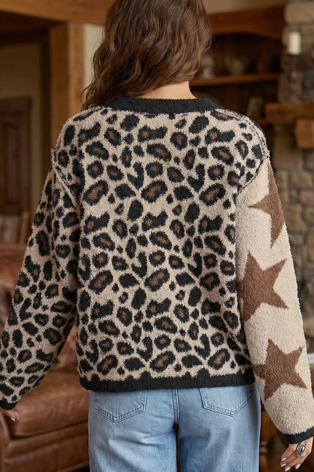 Trendsi Leopard Star Pattern Round Neck Long Sleeve Shift Sweater -