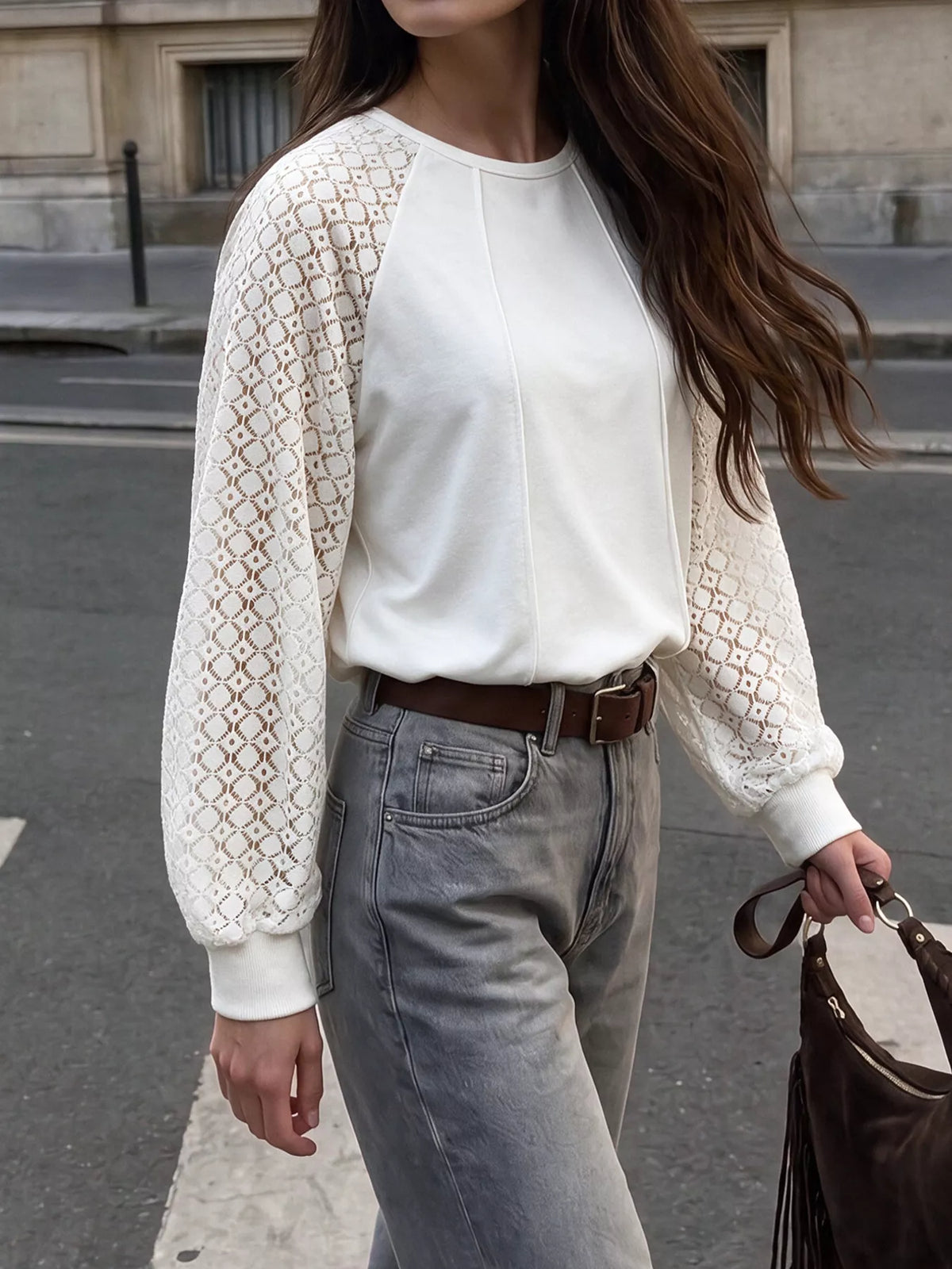 White lace raglan sleeve sweatshirt, side styled view