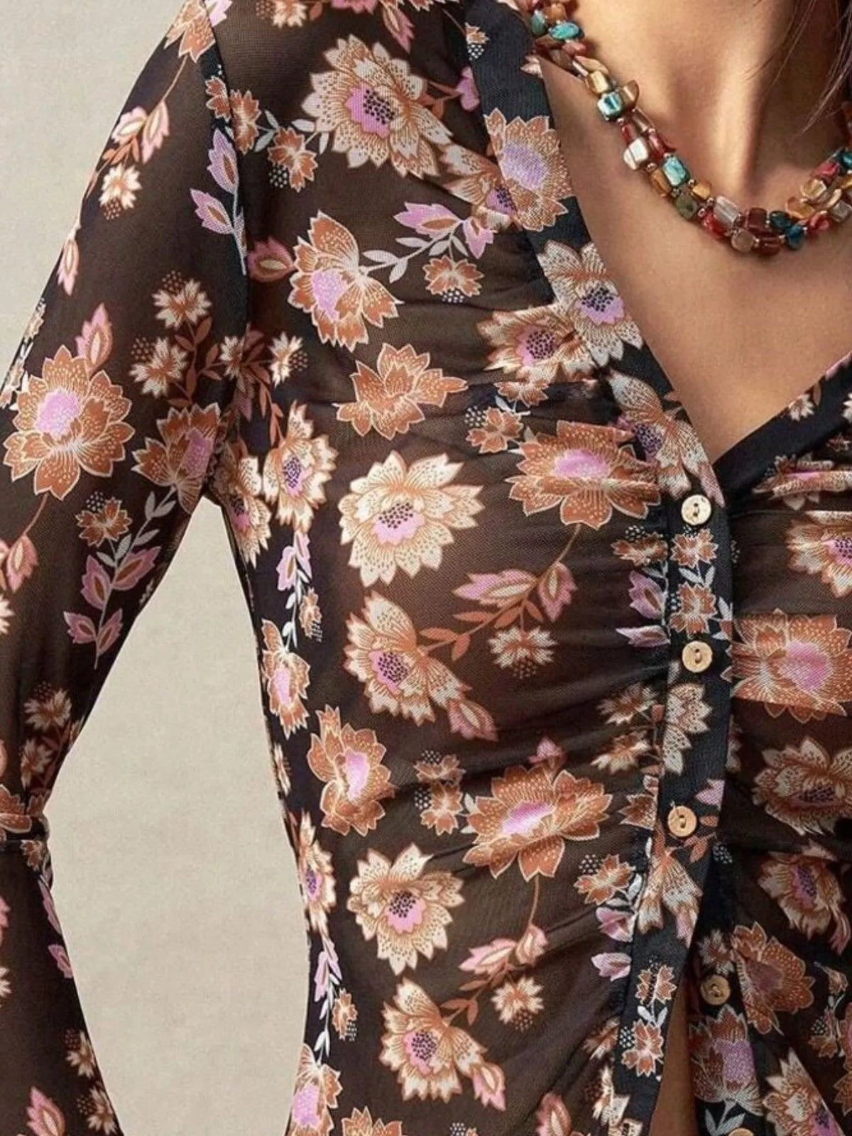 Women's Printed Flare Sleeve Button Down Top in Floral, alternate view