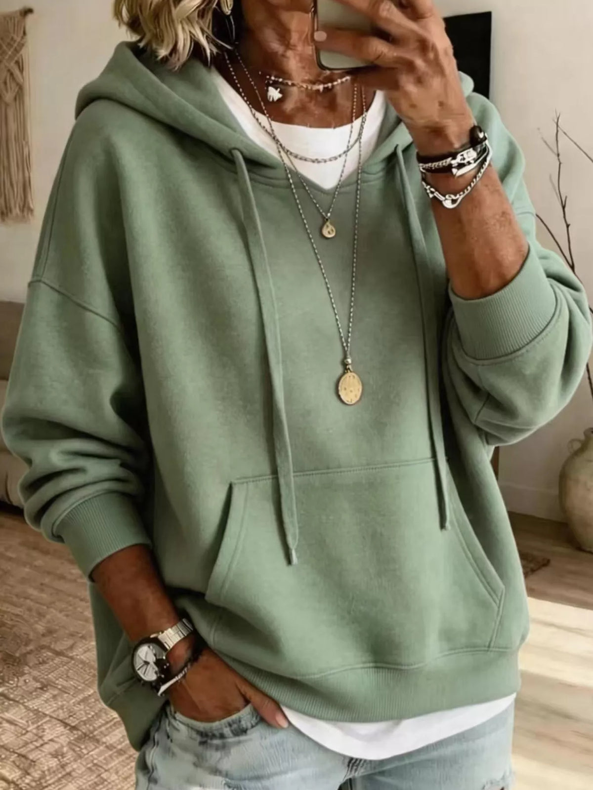 Women's Drawstring Dropped Shoulder Hoodie in sage — front view