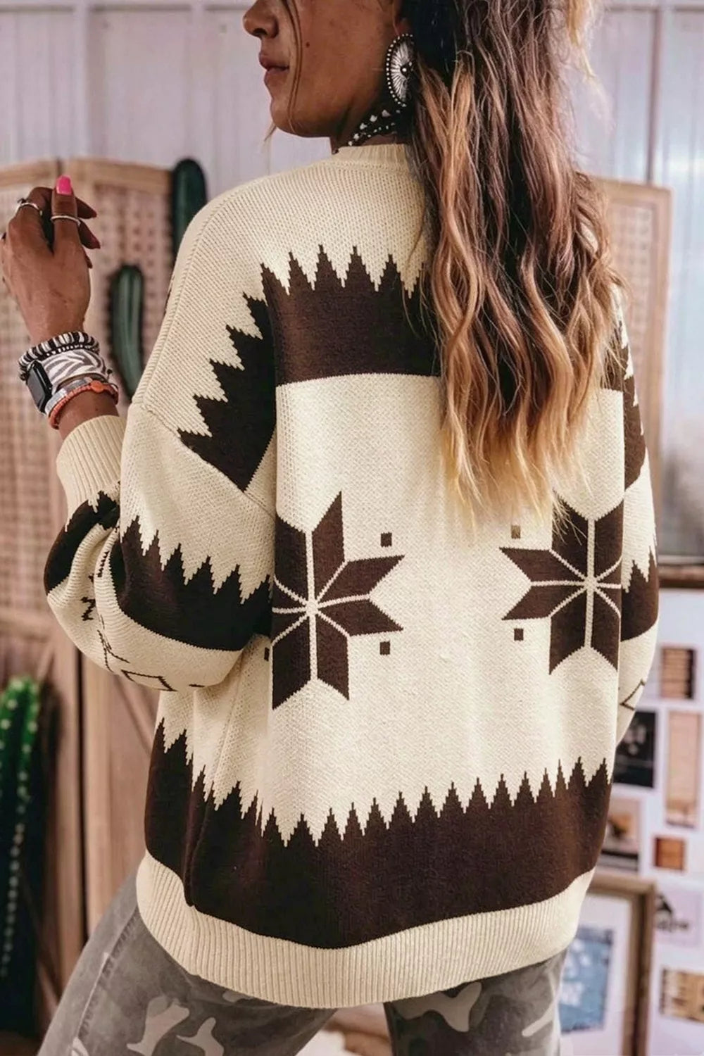 Women's Geometric Zip-Up Knit Cardigan in Beige, alternate view
