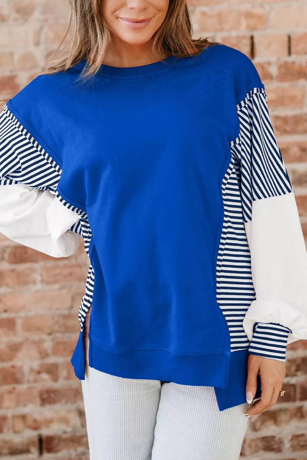 Trendsi Leopard and Striped Patchwork Sleeves Sweatshirt -