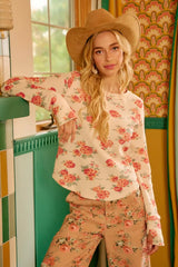 Trendsi BiBi Floral Print Washed Waffle Thermal Top With Thumb -