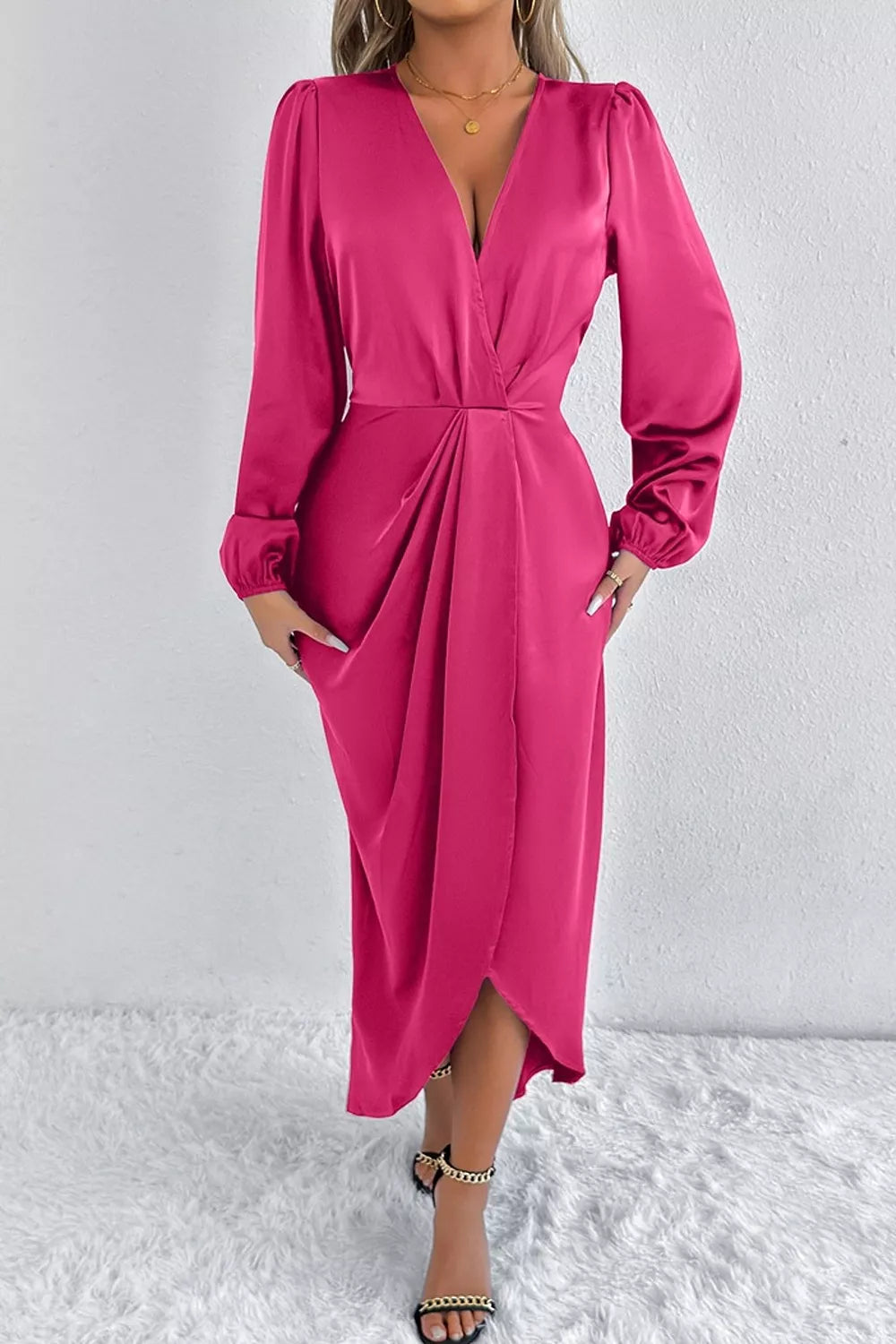 Trendsi Satin Balloon Sleeve Midi Dress -