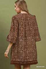 Trendsi Umgee Mix Geometric Print V-Neck Tassel Detail Tunic Dress -