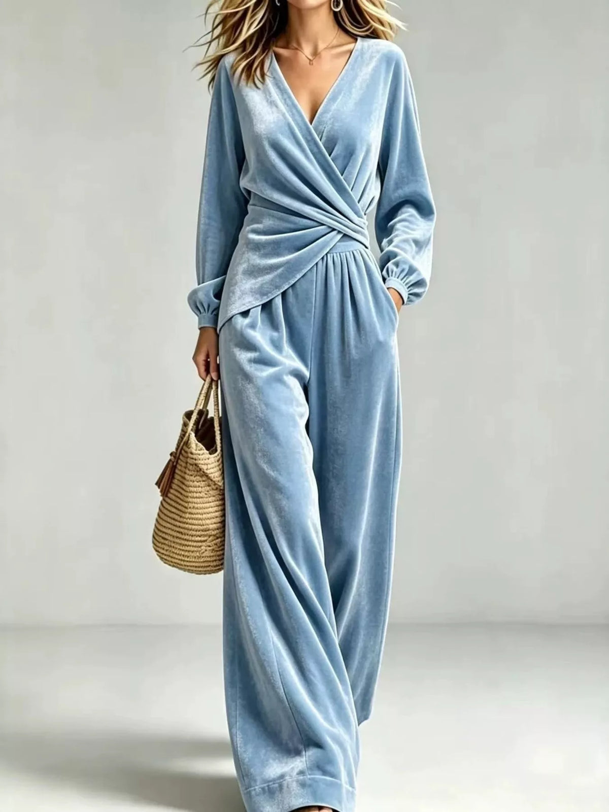 Light Blue Velvet Wrap-Front Top and Pants Set front view