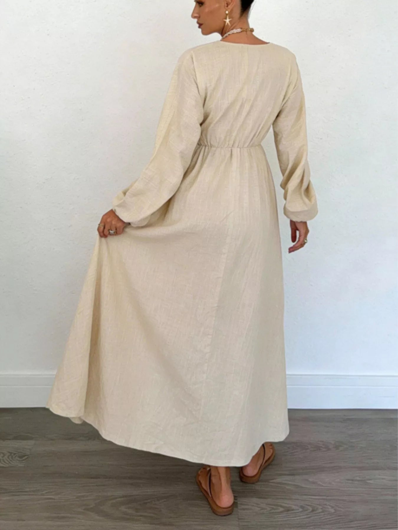 Trendsi Tie Front Balloon Sleeve Maxi Dress -