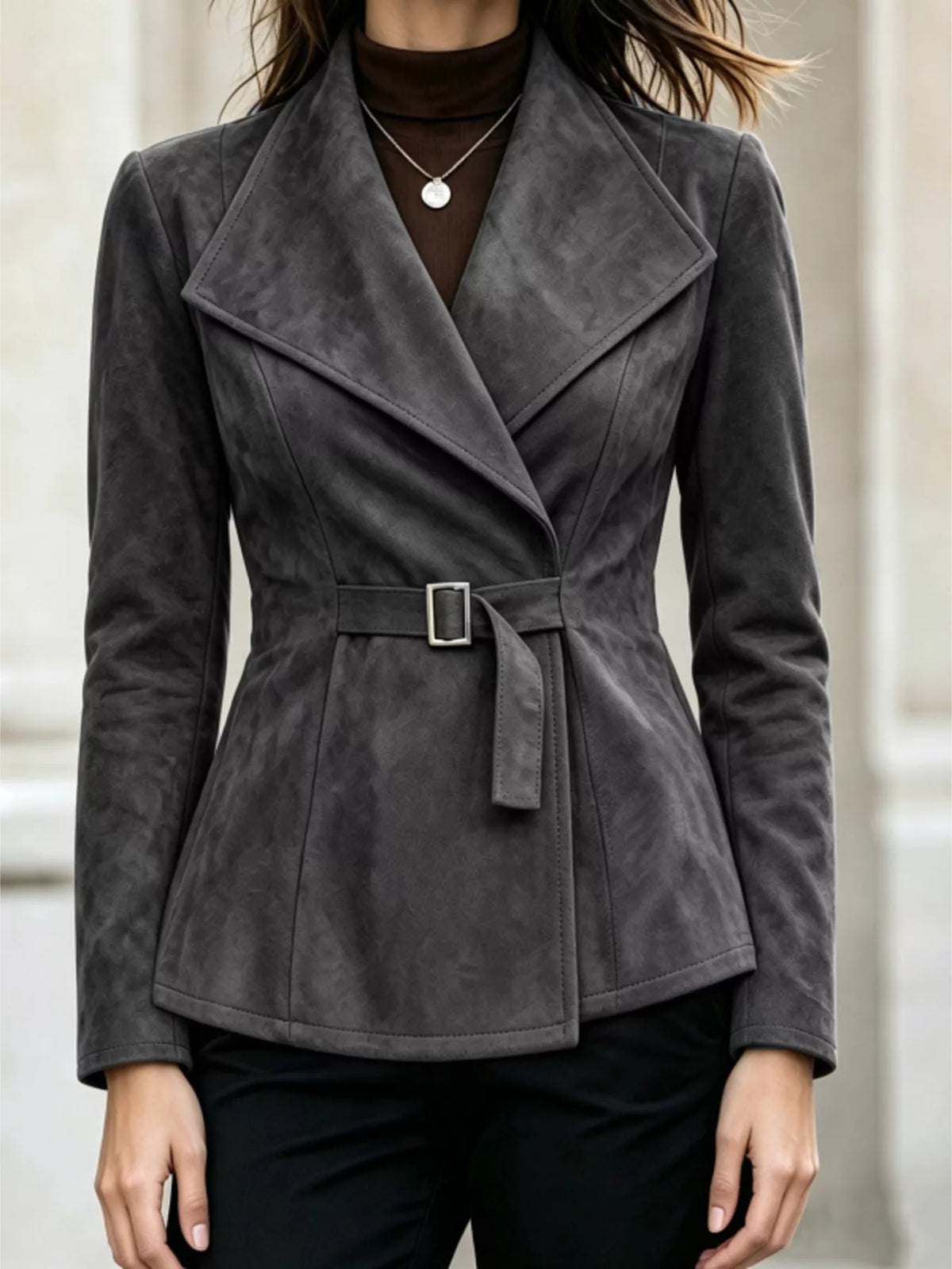Gray long sleeve buckle jacket