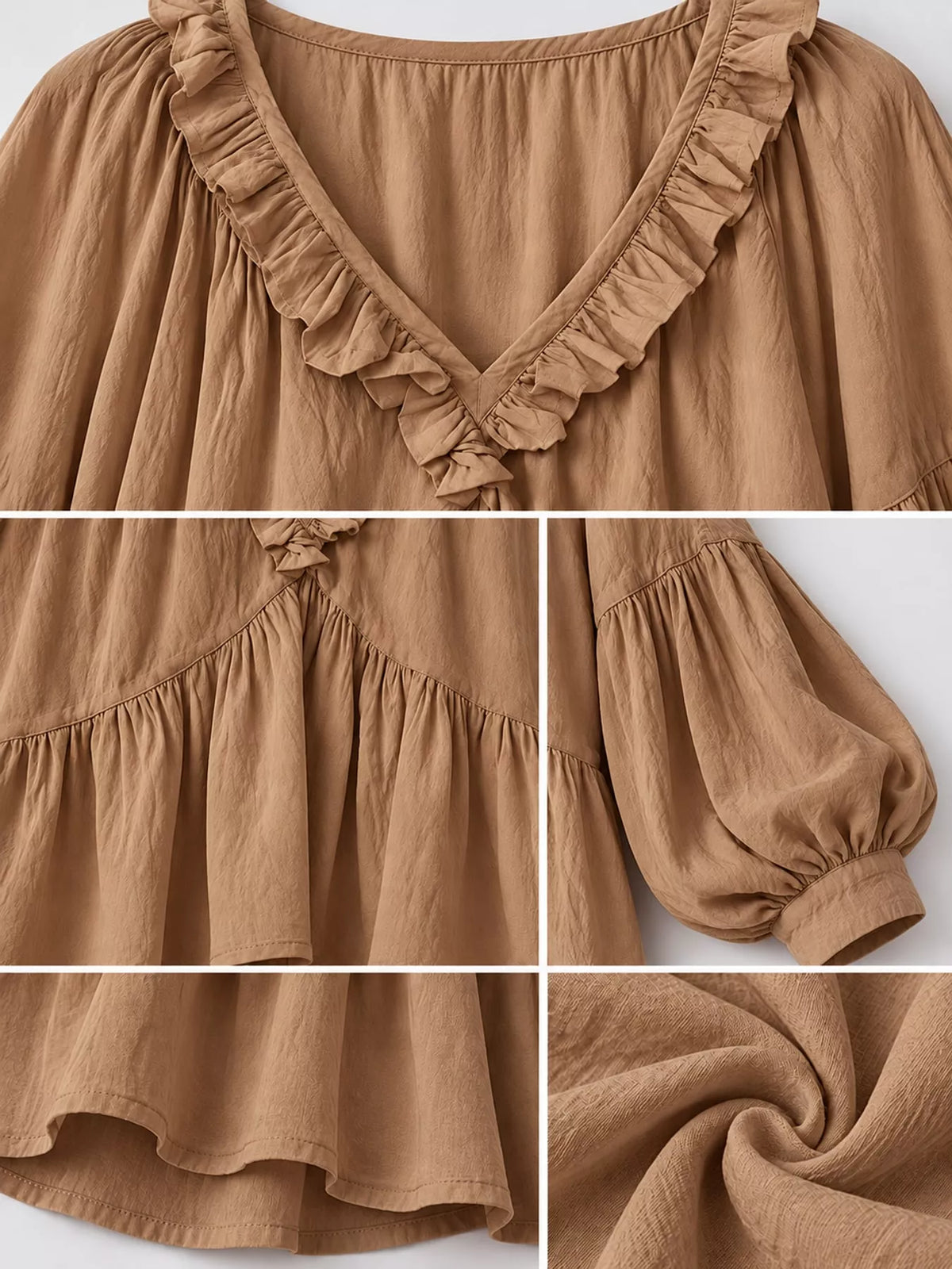 Tan ruffled v neck blouse, detail view