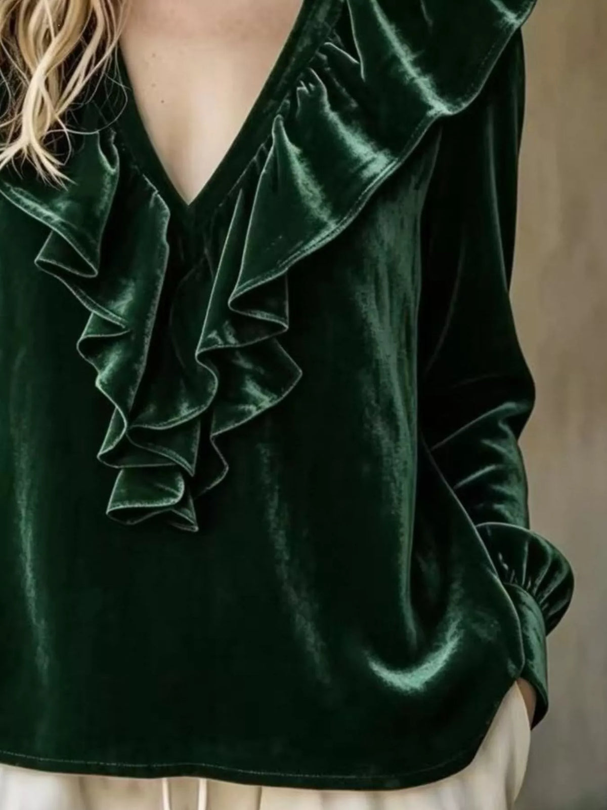 Black Forest Velvet Ruffled V-Neck Long Sleeve Blouse ruffle and sleeve detail