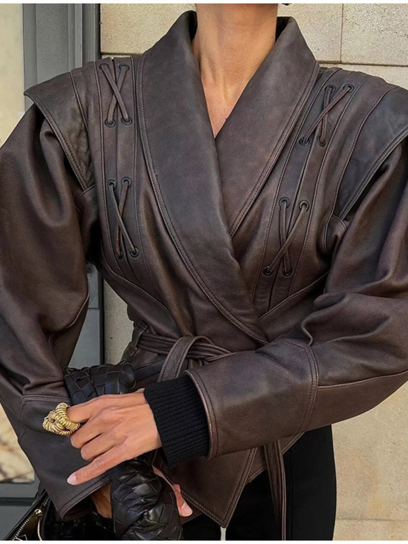 Trendsi Belted Leather Jacket with Shawl Collar -