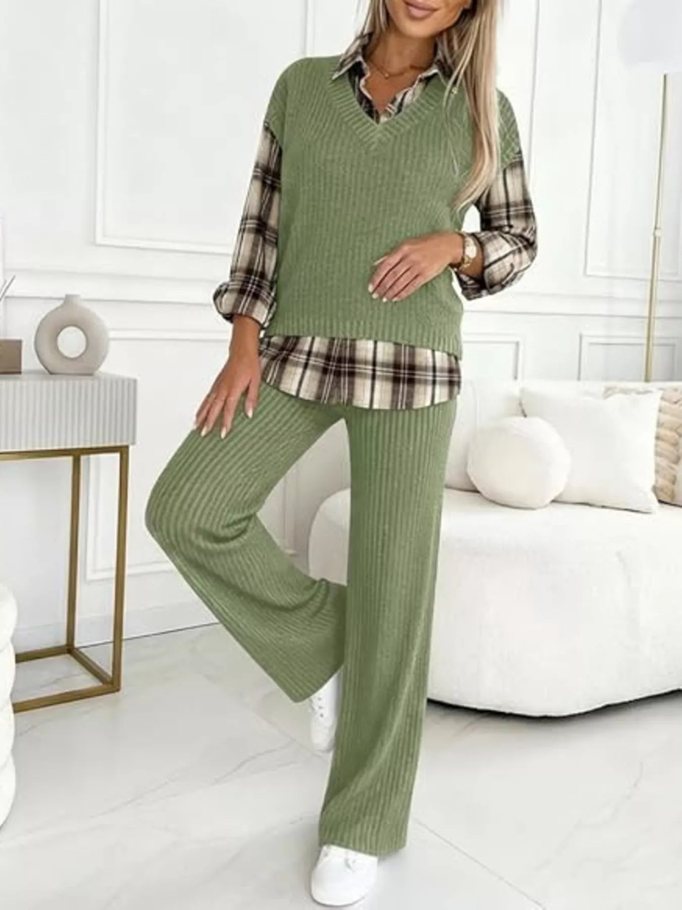 Trendsi Ribbed Knit Plaid Sleeve Top & Pants Set -