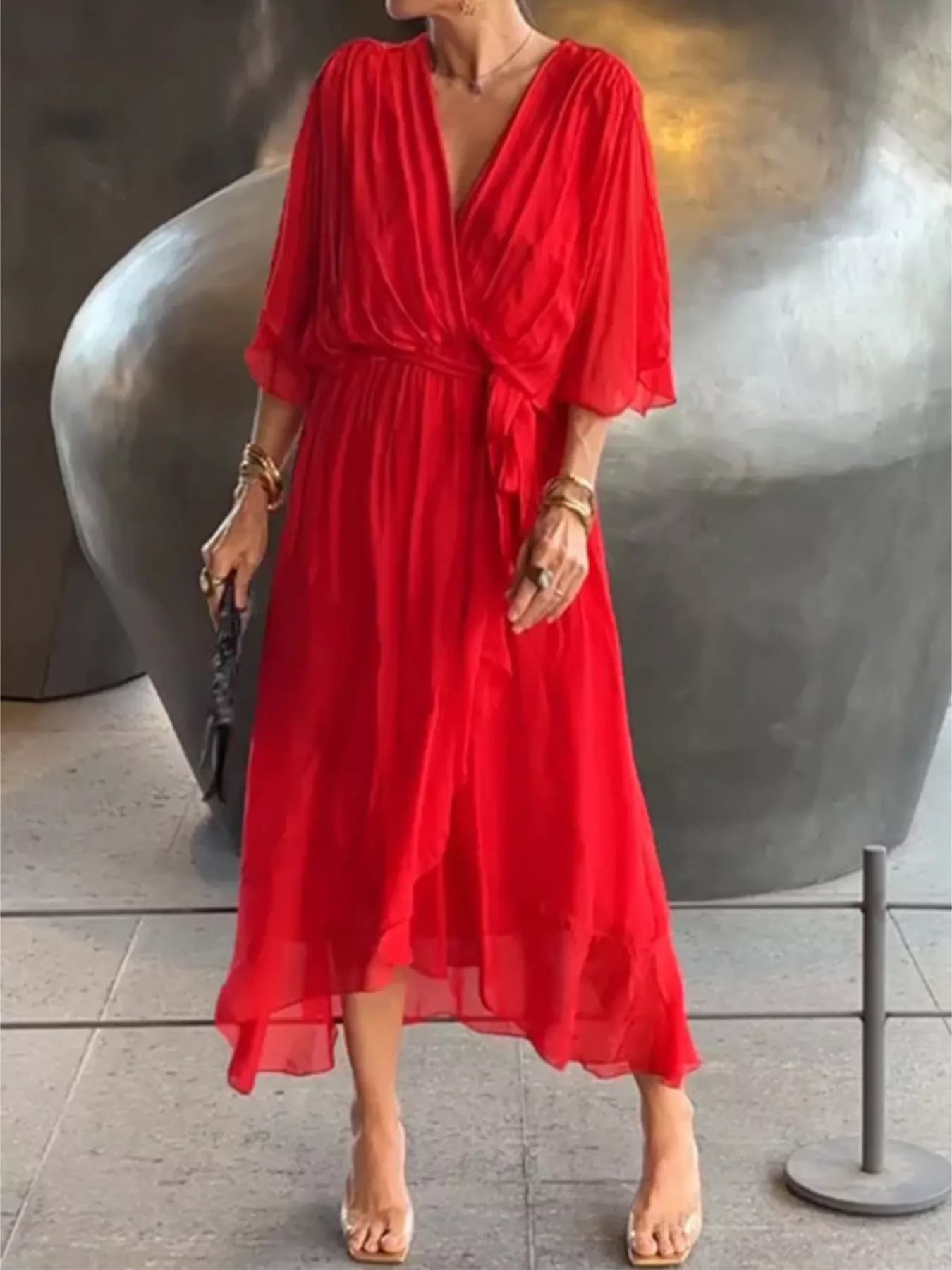 Trendsi Full Size Chiffon Wrap Dress with Flutter Sleeves Plus Size -
