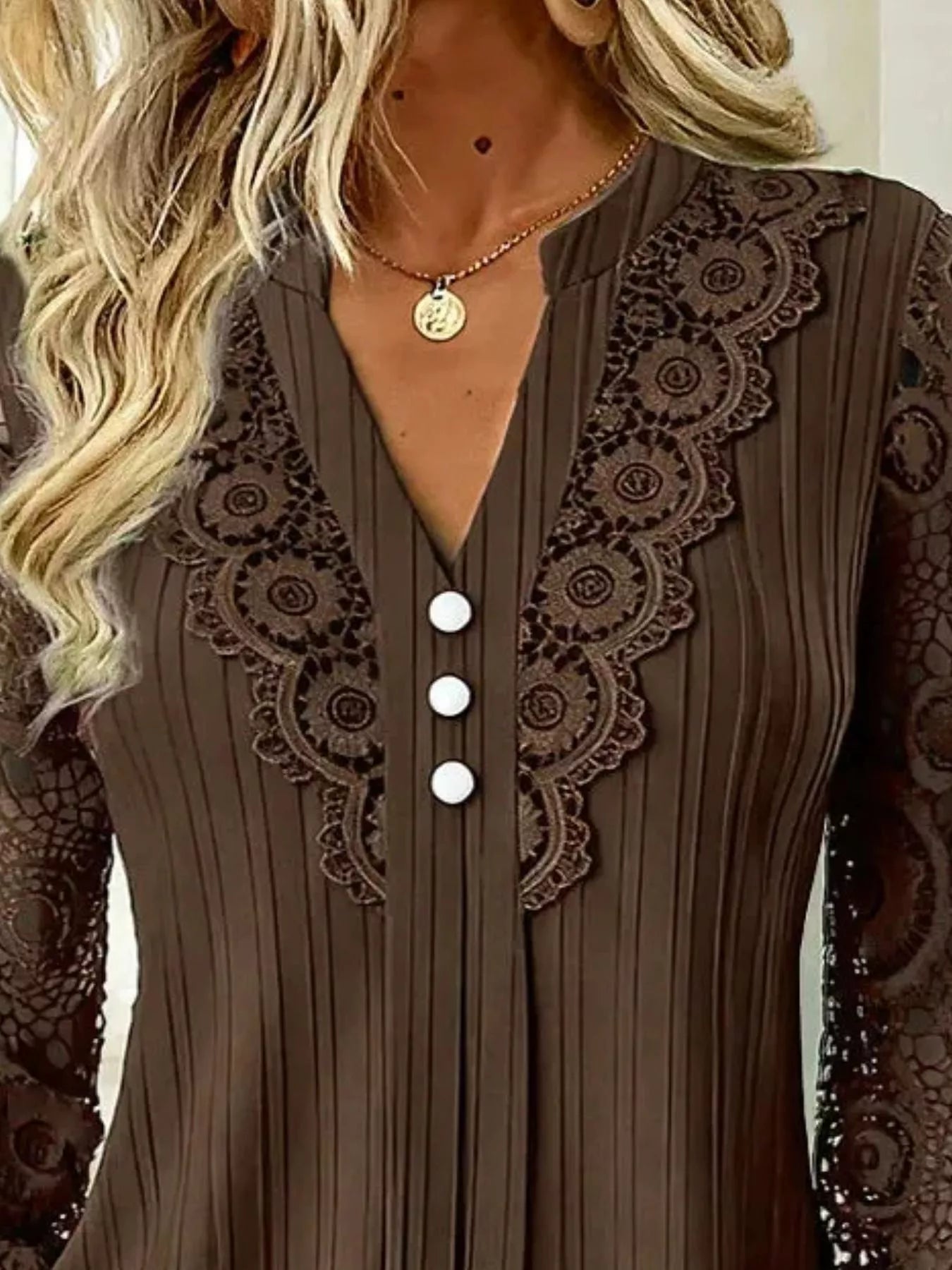 Trendsi Lace Long Sleeve Notched Blouse -