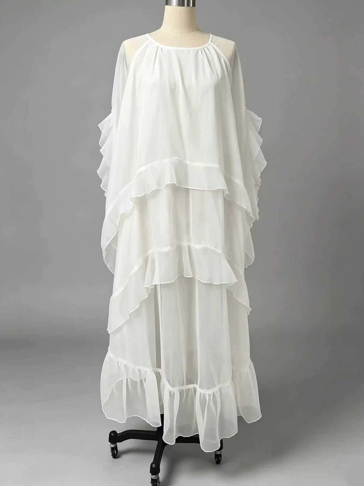 White ruffled layered bohemian maxi dress, front view