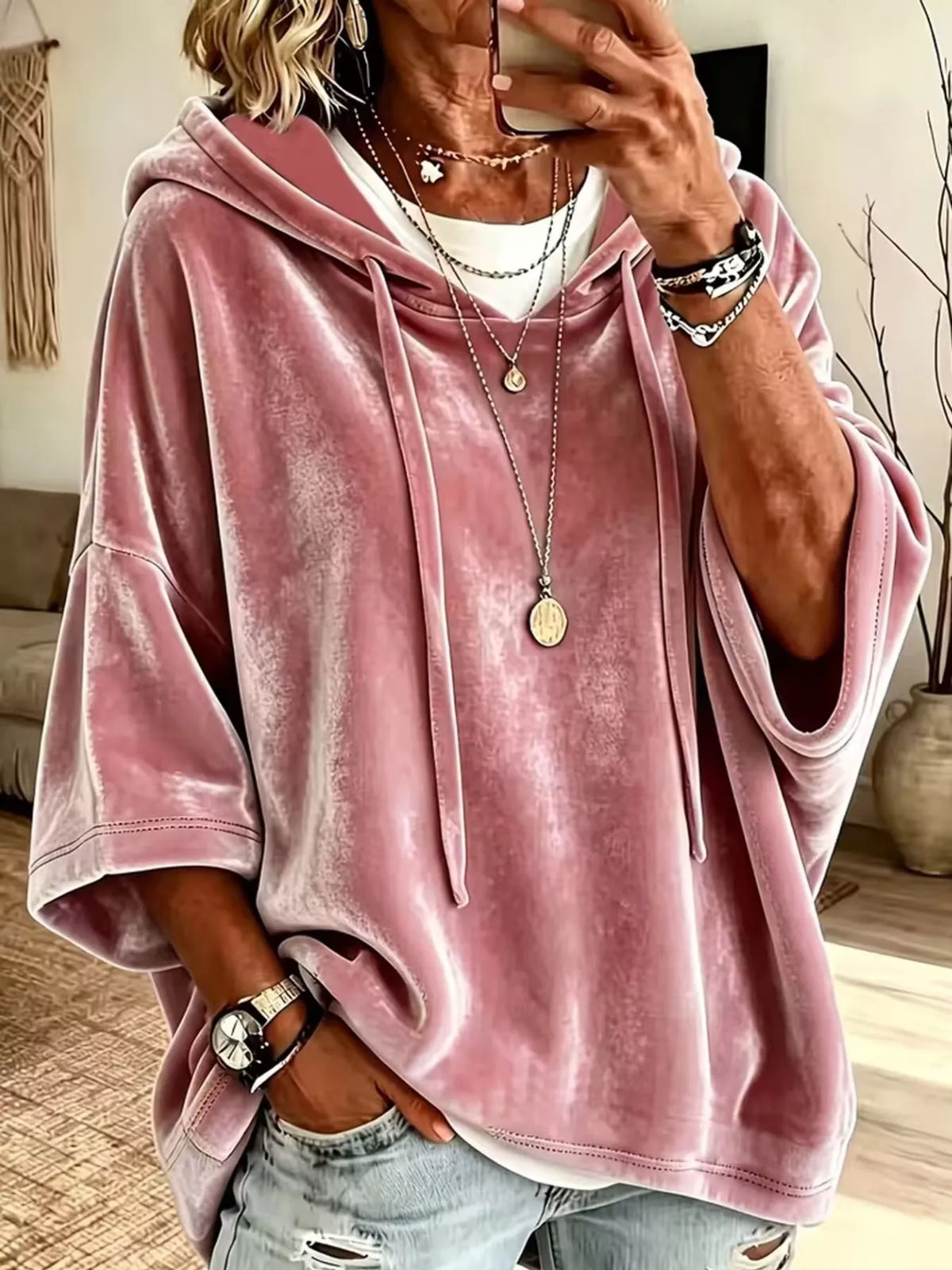 Pink velvet half sleeve hoodie with drawstring