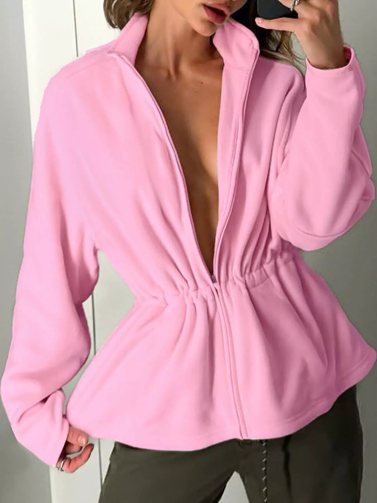 Pink drawstring fleece zip-up jacket