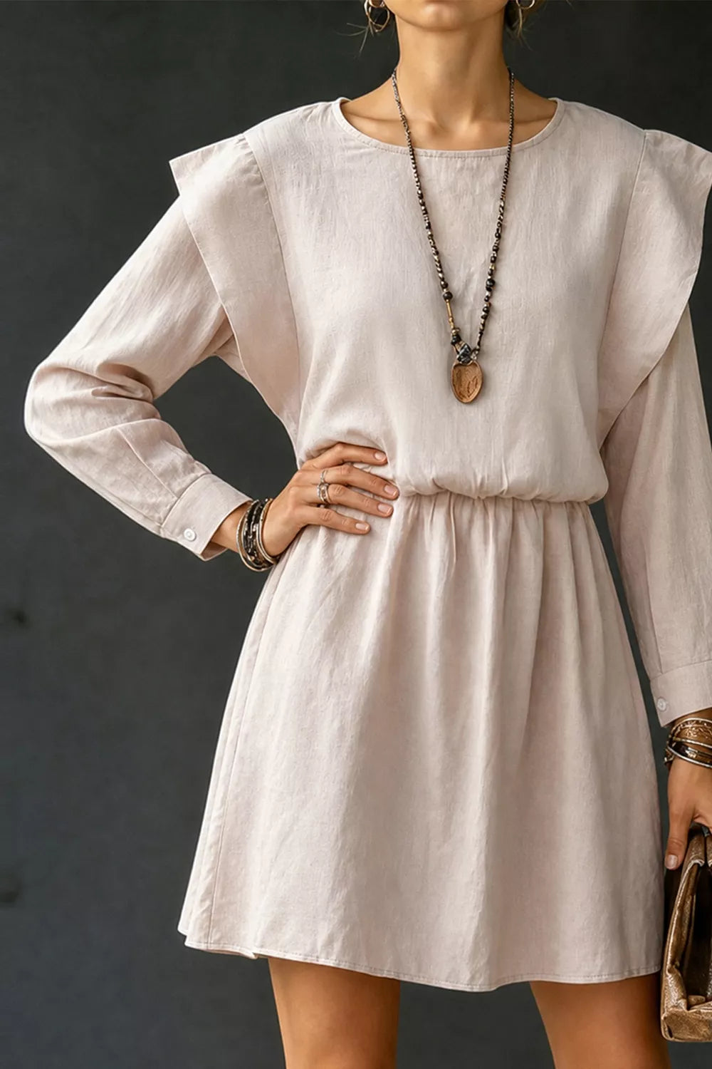Trendsi Ruffled Round Neck Long Sleeve Dress -