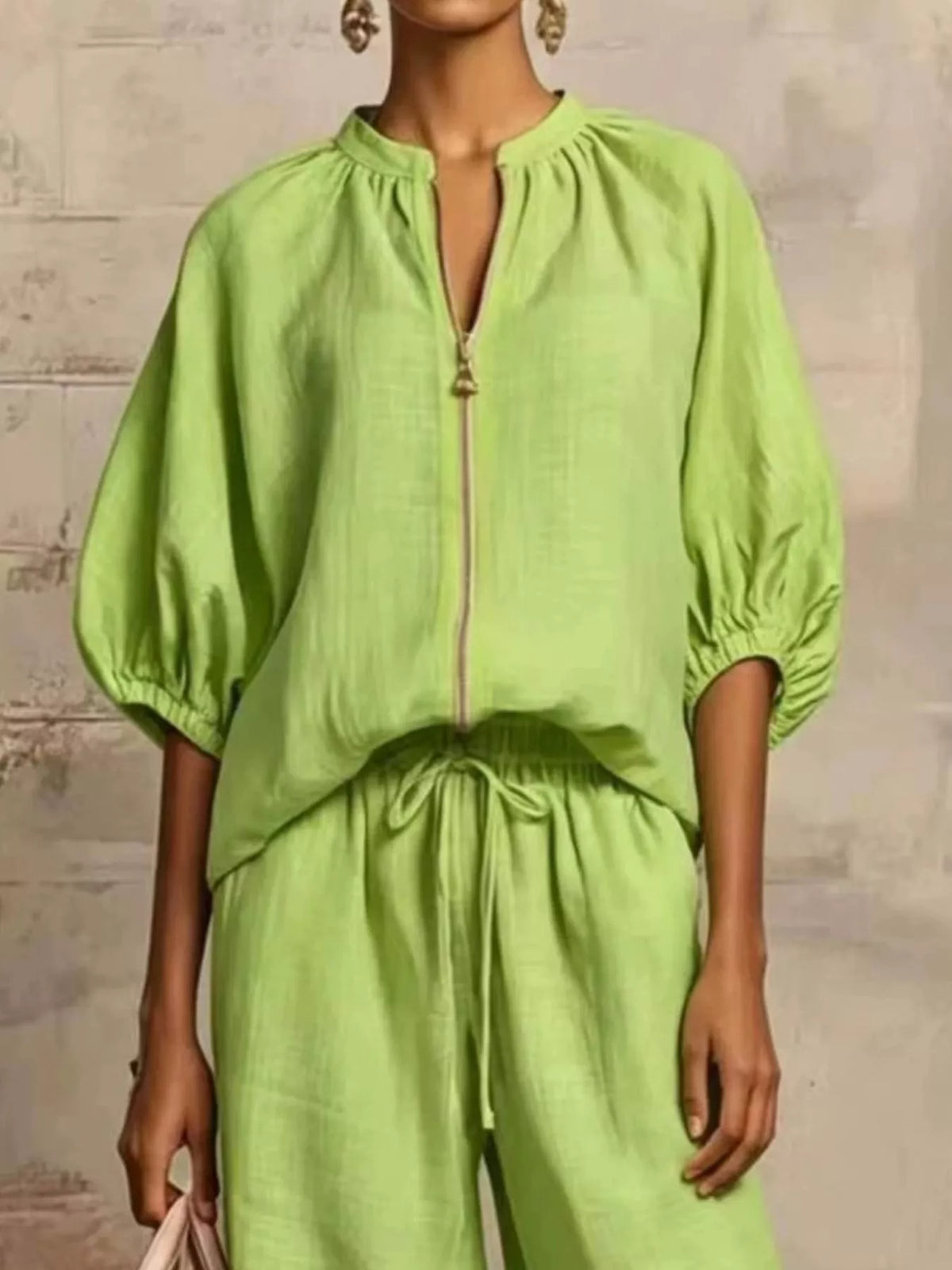 Zip-front top and wide-leg pants set