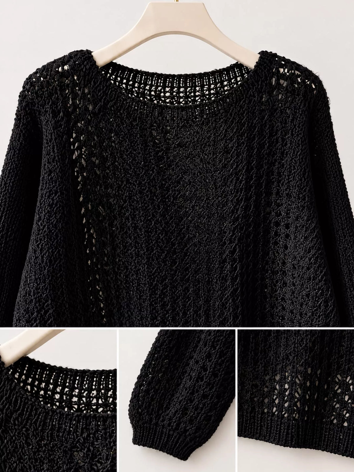 Black openwork knit cover-up top, detail view