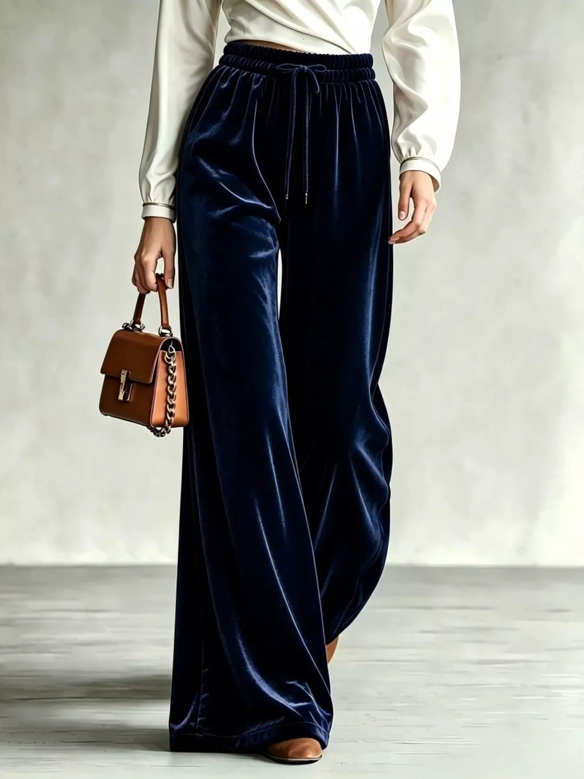 Navy wide-leg drawstring velvet pants, front view