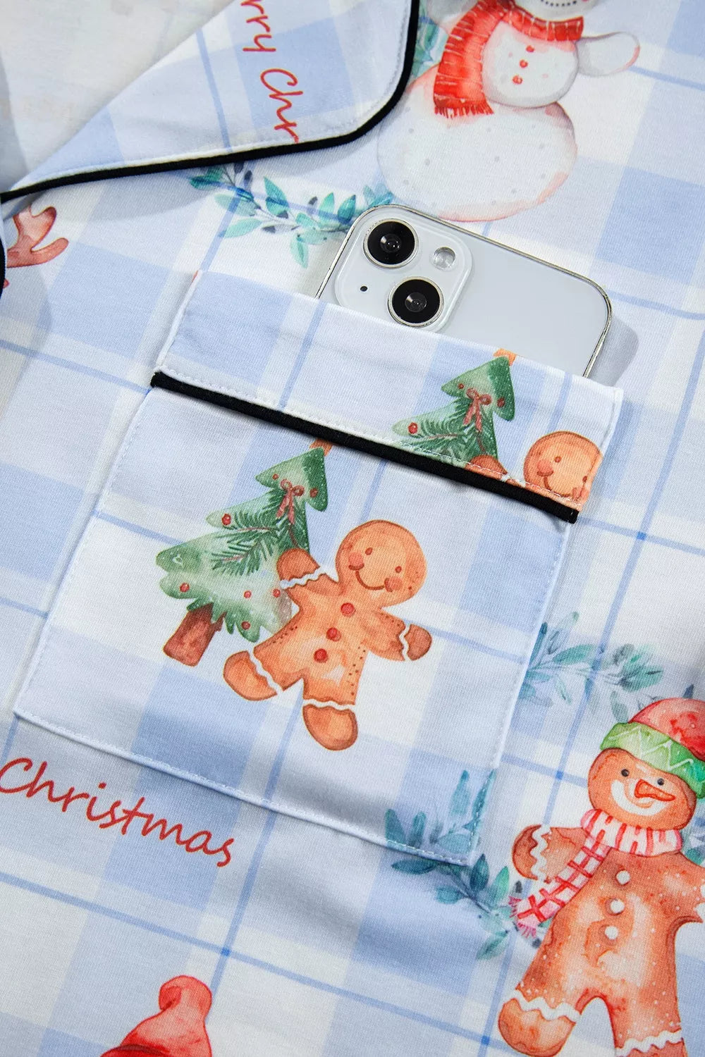Light blue Christmas print plaid pajama set, chest pocket detail