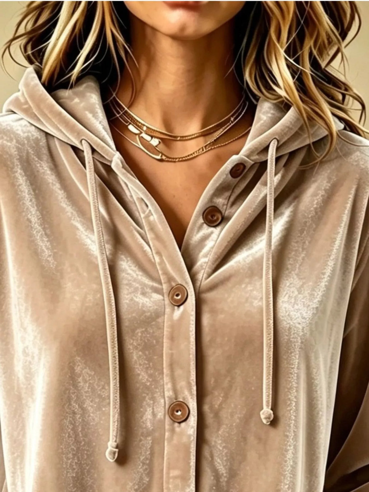 Velvet button-front hooded top