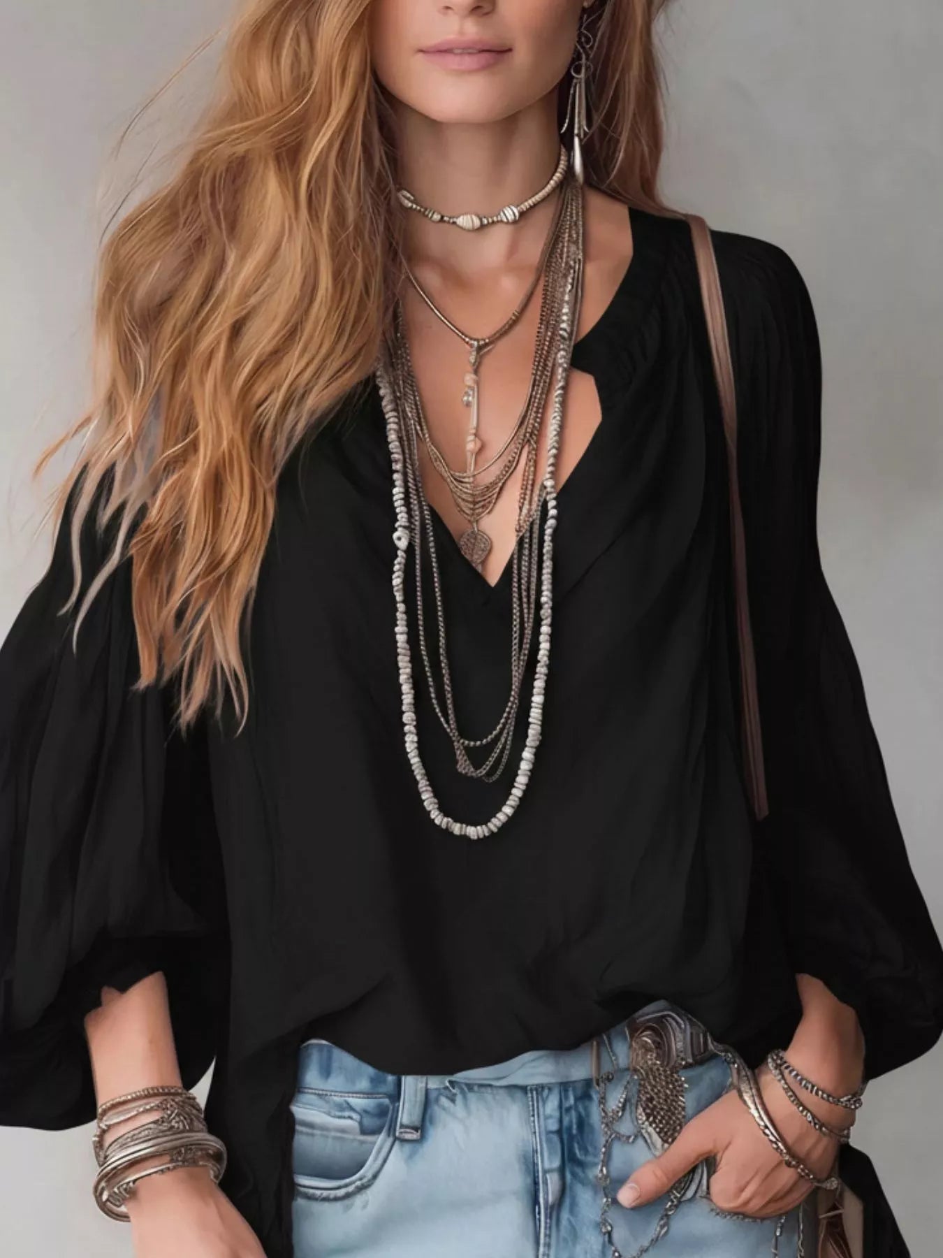 Trendsi Notched Balloon Sleeve Blouse -