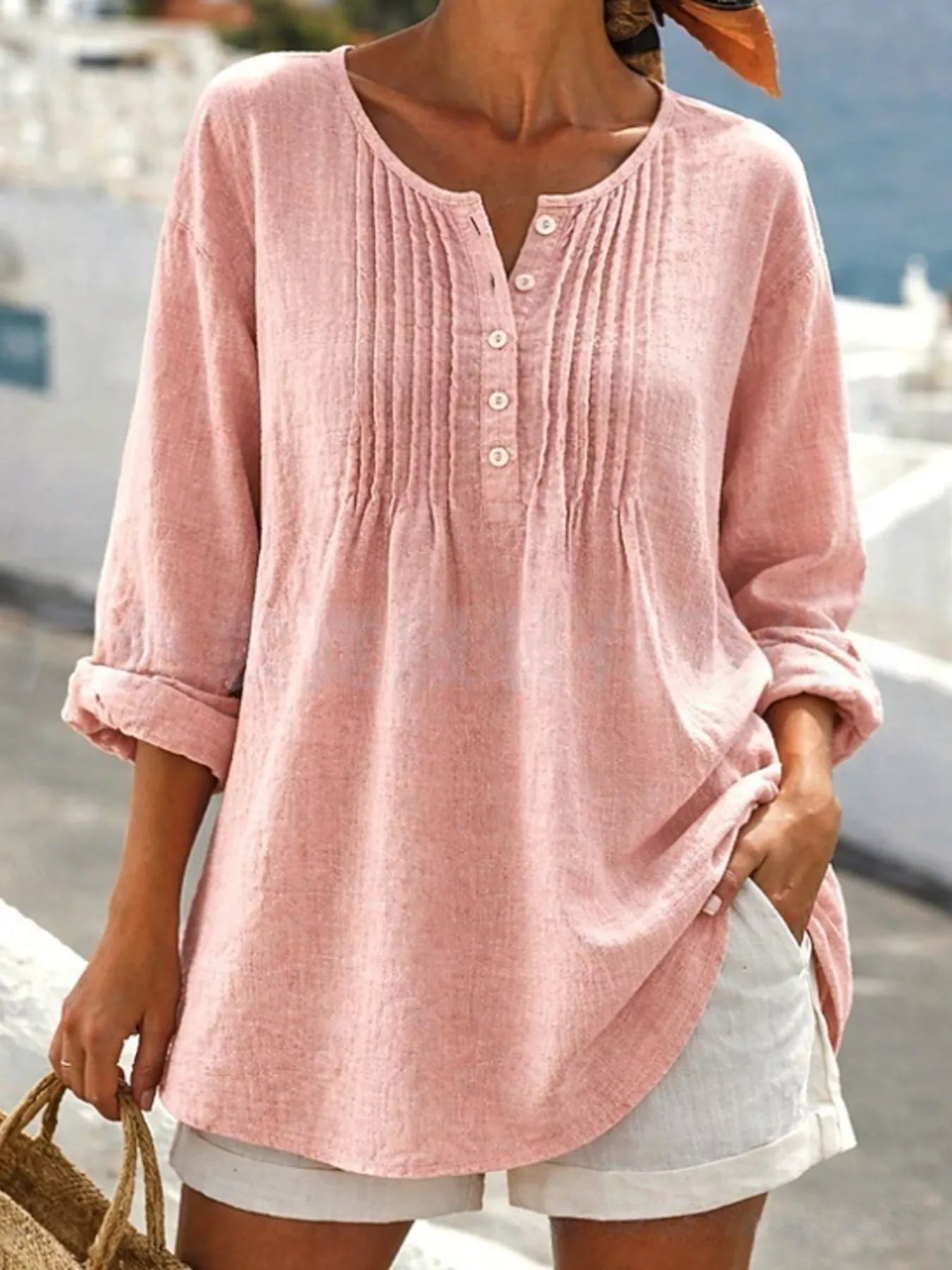 Trendsi Casual Button Detail Long Sleeve Linen Shirt -