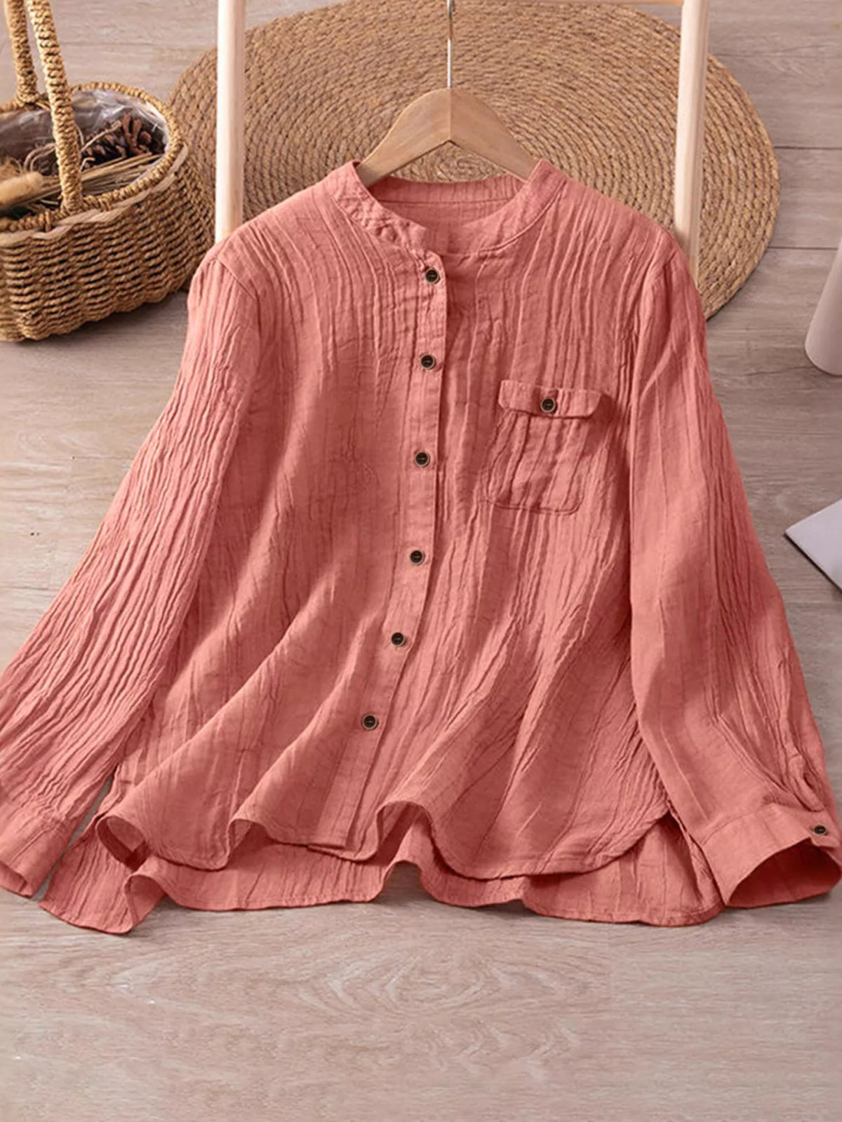 Textured Button-Down Shirt with Chest Pocket in pink, front on hanger view