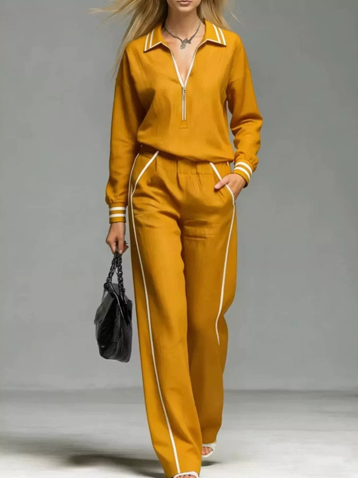 Yellow striped half zip top and pants set